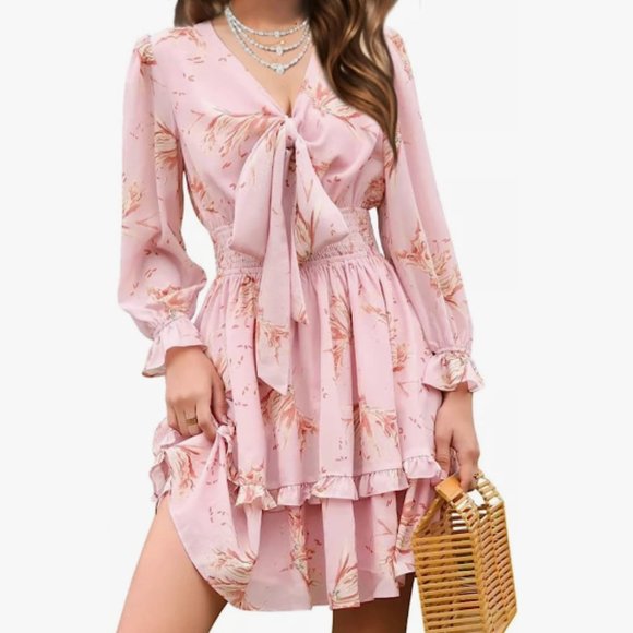 Tie Front Tiered Ruffle Layer Floral Balloon Long Sleeve Mini Dress - Picture 1 of 3